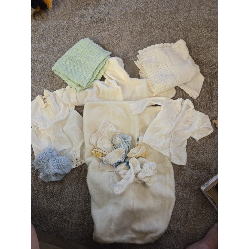 Lot of  Vintage Baby 1940s Clothes Snow Suit Shoes Blankets More